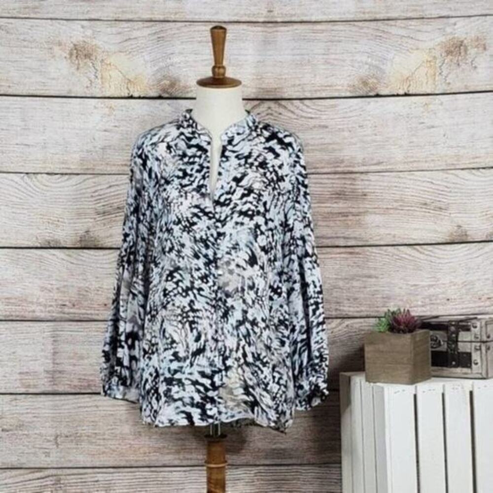 Parker Womens Button Up Blouse Top Size S Black‎ White Long Sleeve V Neck